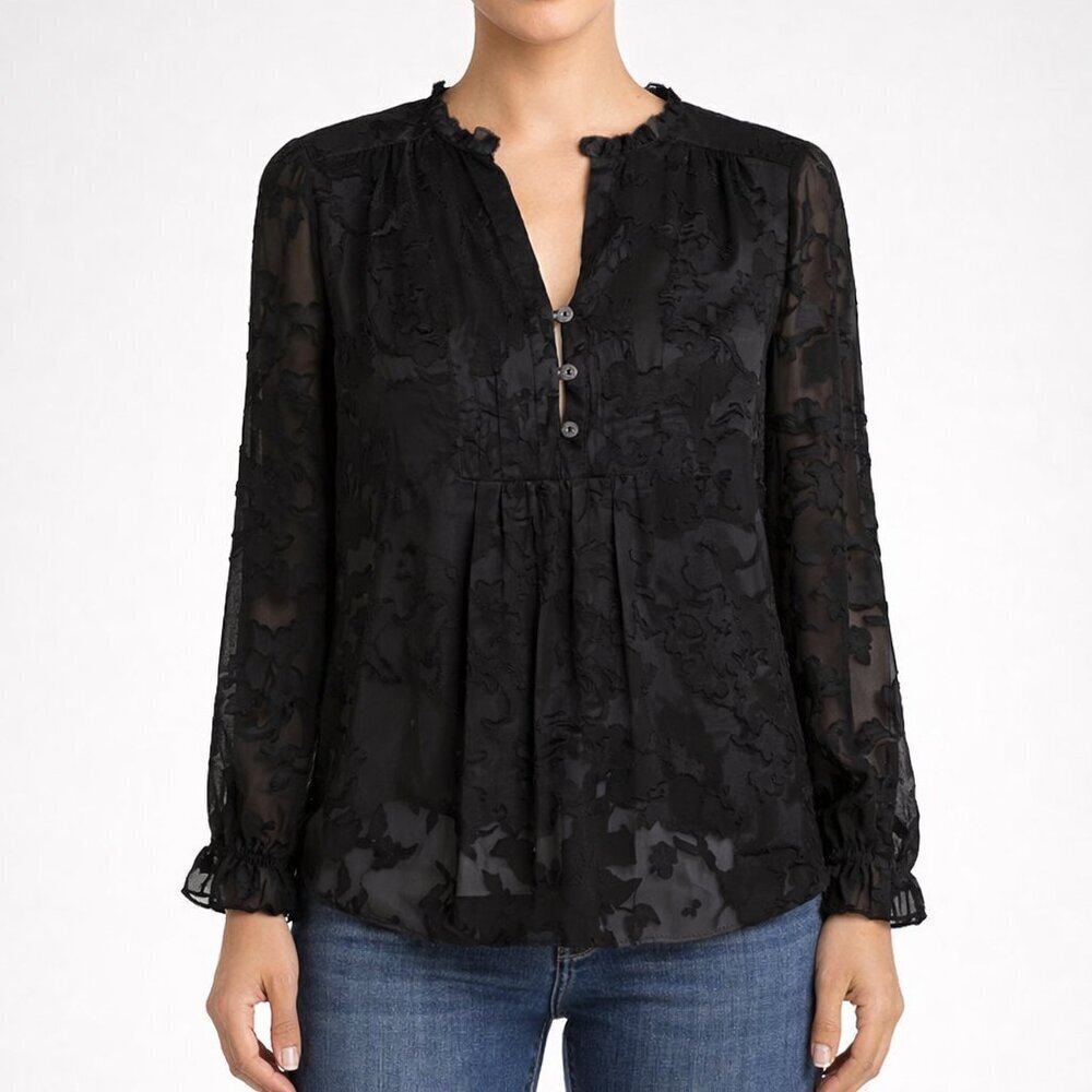 Diane von Furstenberg Annalise Silk Blend Blouse 4 Black Sheer Floral Ruffle